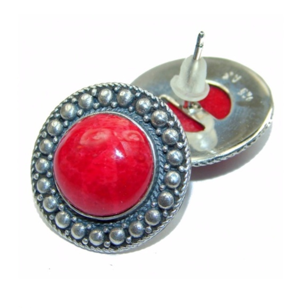 925 Sterling Silver Fossilized Red Coral Earrings - Picture 6 of 8
